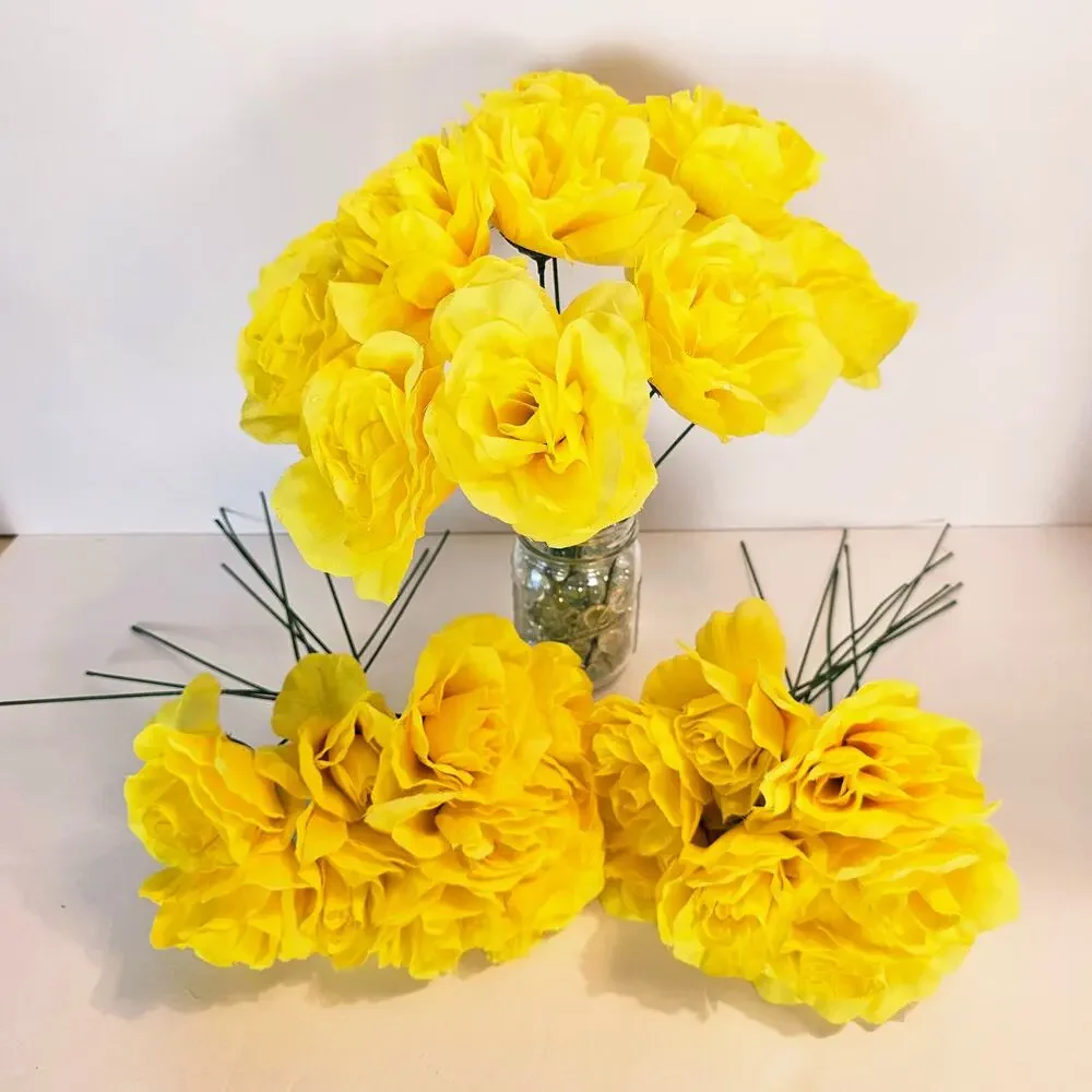 Yellow Artificial Silk Rose Flowers Wired Stems Wedding Craft 4